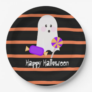 Cute Ghost Halloween Orange Black Stripes Paper Plate