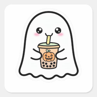 Cute Ghost Halloween Pumpkin Boba Square Sticker