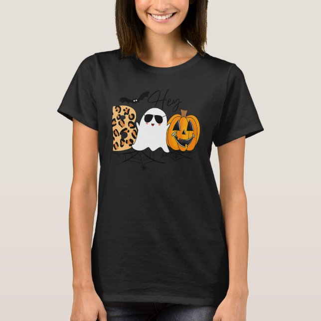 Cute Ghost Halloween Pumpkin Face Hey Boo Trendy H T-Shirt (Front)