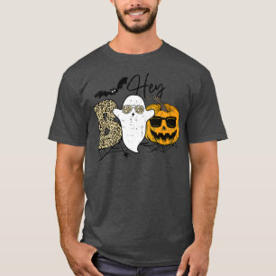 Cute Ghost Halloween Pumpkin Face Leopard Hey Boo  T-Shirt