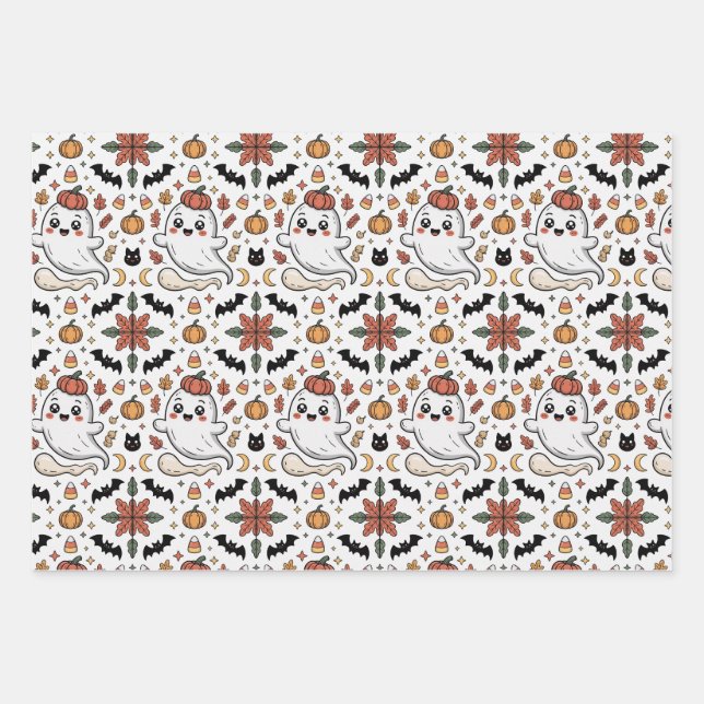 Cute Ghost Halloween Pumpkin Floral Pattern Wrapping Paper Sheet (Front)
