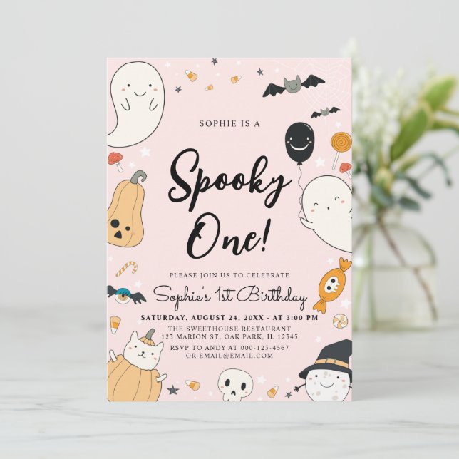 Cute Ghost Halloween Spooky One 1st Birthday Party Invitation (Standing Front)