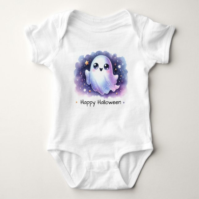 Cute Ghost, Happy Halloween Baby Bodysuit (Front)