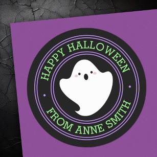 Cute ghost Happy Halloween from custom name Classic Round Sticker
