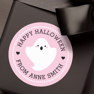 Cute ghost Happy Halloween from custom name pink Classic Round Sticker