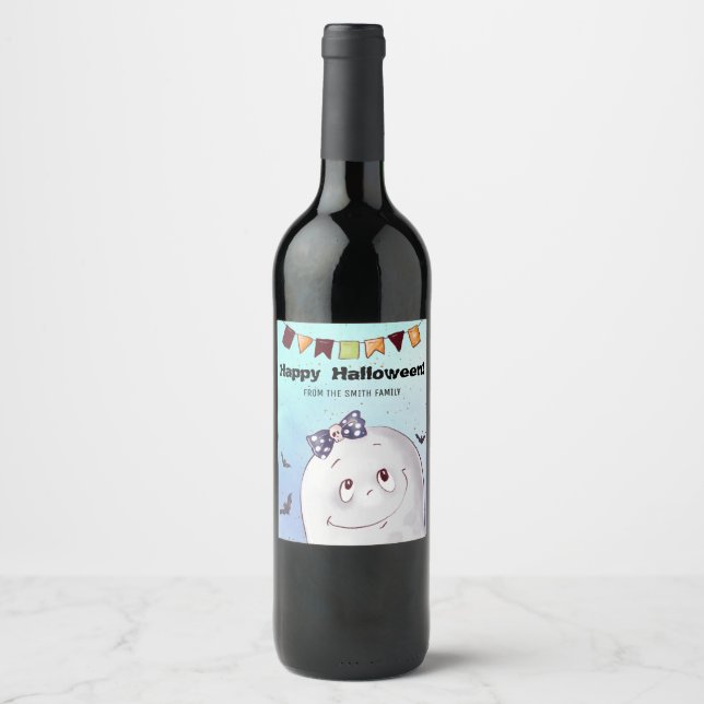 Cute Ghost Happy Halloween Wine Label (Front)