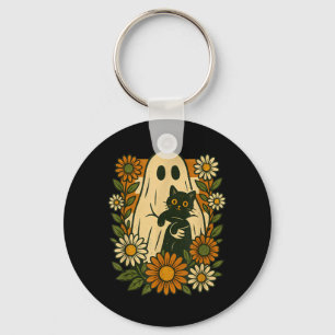 Cute Ghost Holding Black Cat Groovy Floral Funny Key Ring