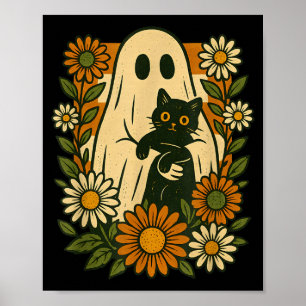 Cute Ghost Holding Black Cat Groovy Floral Funny Poster