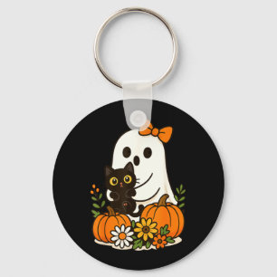 Cute Ghost Holding Black Cat Groovy Floral Key Ring