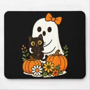Cute Ghost Holding Black Cat Groovy Floral Mouse Pad