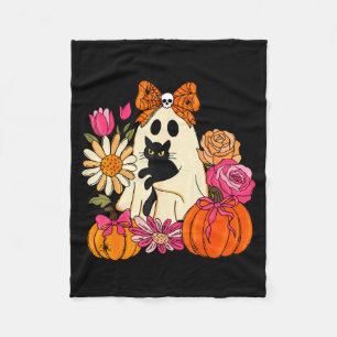 Cute Ghost Holding Black Cat Pumpkin Floral Fleece Blanket
