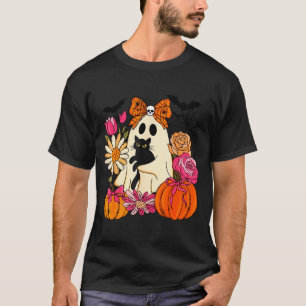 Cute Ghost Holding Black Cat Pumpkin Floral T-Shirt