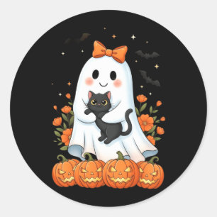 Cute Ghost Holding Black Cat Pumpkins Autumn Classic Round Sticker