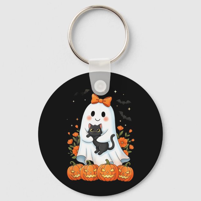 Cute Ghost Holding Black Cat Pumpkins Autumn Key Ring (Front)