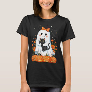 Cute Ghost Holding Black Cat Pumpkins Autumn T-Shirt