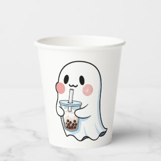 Cute Ghost Holding Boba Tea Bubble Tea Kawaii  Paper Cups