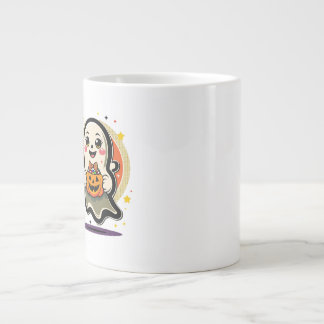 Cute Ghost Holding Pumpkin Candy Bucket Retro Hall Large Coffee Mug