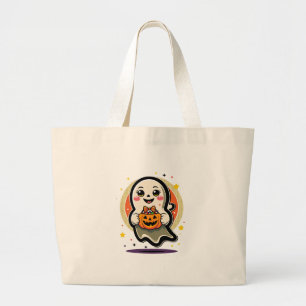 Cute Ghost Holding Pumpkin Candy Bucket Retro Hall Large Tote Bag