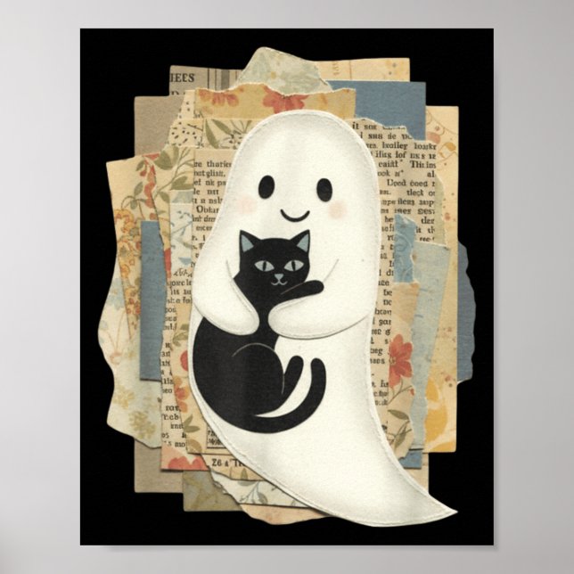 Cute Ghost Hugging Black Cat Halloween Poster (Front)