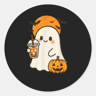 Cute Ghost Iced Coffee And Pumpkin For Halloween C Classic Round Sticker