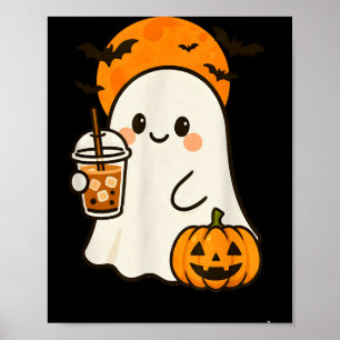 Cute Ghost Iced Coffee And Pumpkin For Halloween C Poster