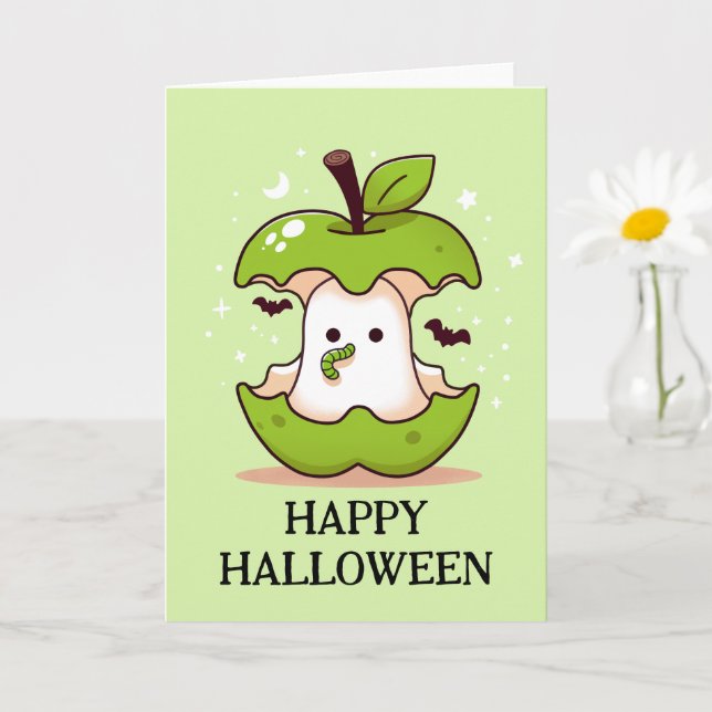 Cute Ghost In Green Apple With Worm Halloween Card (Small Plant)