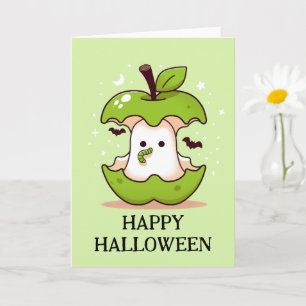 Cute Ghost In Green Apple With Worm Halloween Card