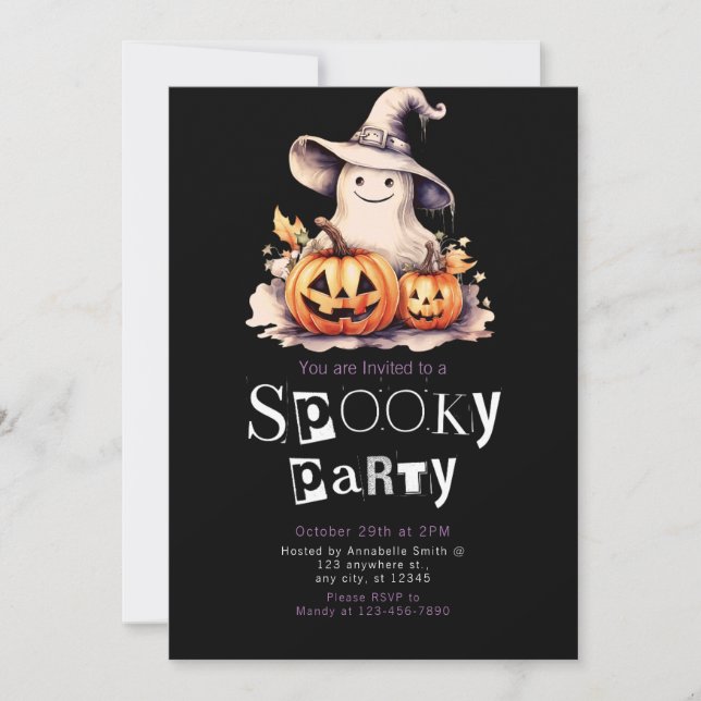 Cute Ghost in Grey Witches Hat Halloween Invitation (Front)