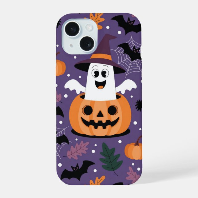Cute Ghost in Pumpkin – Halloween Pattern iPhone 15 Case (Back)