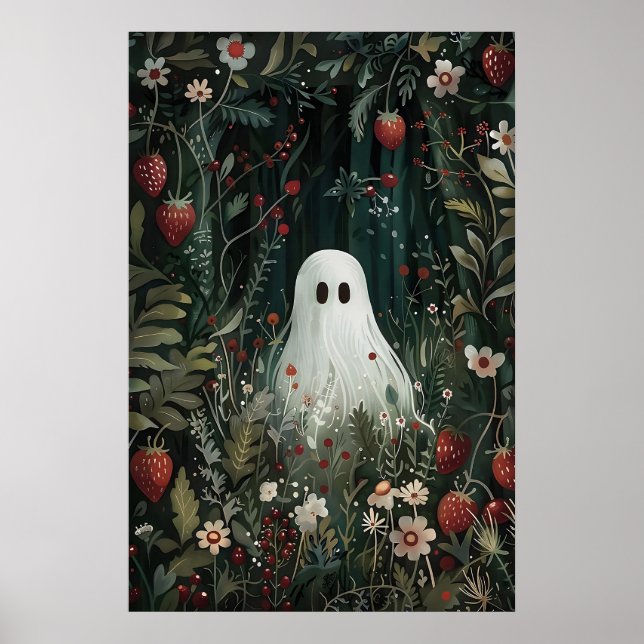 Cute Ghost In Strawberry Meadow Print, Ghost Poster (Front)