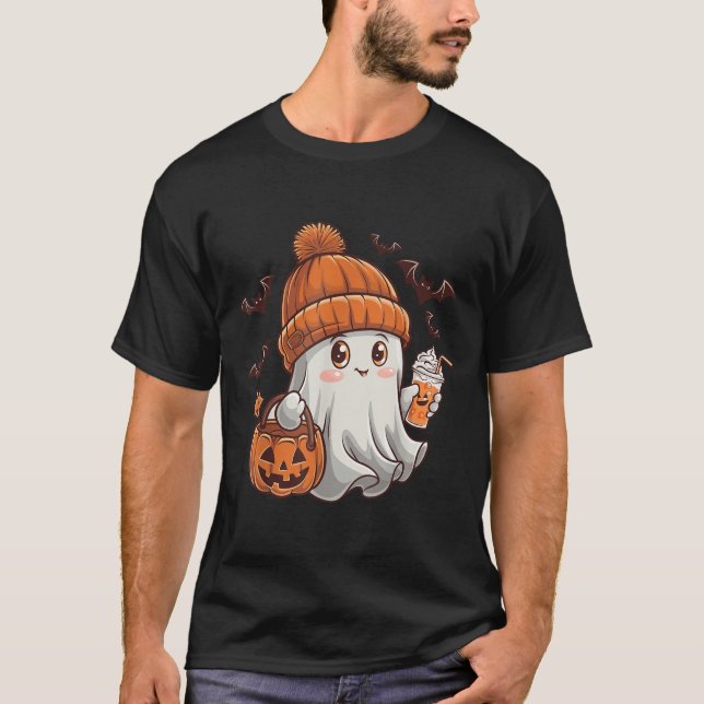 Cute Ghost Lace Toddler Ghost Pumpkin Ice Coffee H T-Shirt (Front)