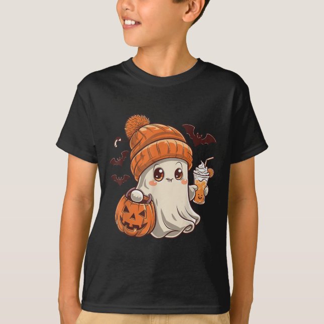 Cute Ghost Lace Toddler Ghost Pumpkin Ice Coffee H T-Shirt (Front)