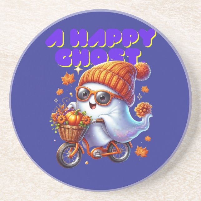 Cute Ghost Milk Tea Sandstone Coaster (Front)