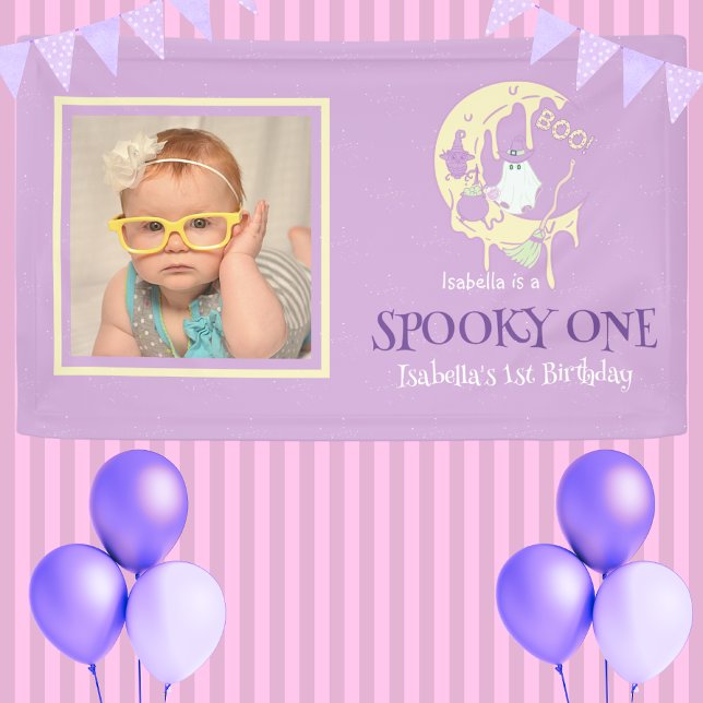 Cute Ghost Moon Spooky One Halloween 1st Birthday Banner (Creator Uploaded)