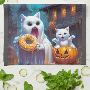 Cute Ghost N Kitten, Pumpkin and Doughnut Tea Towel