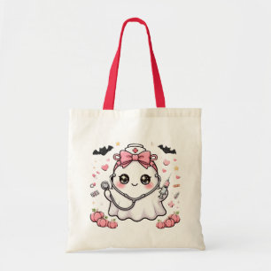 Cute Ghost Nurse Halloween Tote Bag Spooky Pink