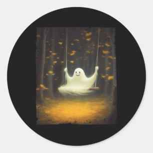 Cute Ghost On A Swing Fall Forest Funny Halloween Classic Round Sticker