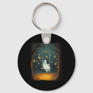Cute Ghost On A Swing Fall Forest Funny Halloween Key Ring