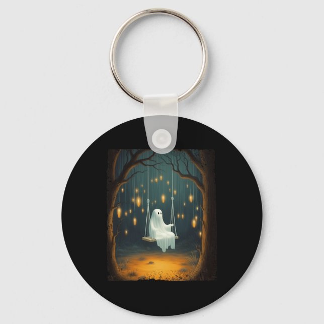 Cute Ghost On A Swing Fall Forest Funny Halloween  Key Ring (Front)