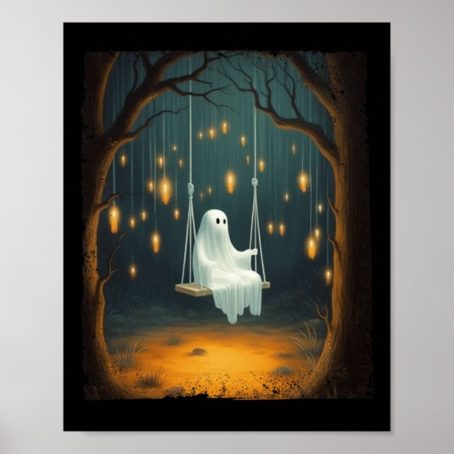 Cute Ghost On A Swing Fall Forest Funny Halloween  Poster (Front)