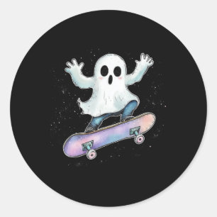 Cute Ghost On Skateboard Funny Halloween Skater  Classic Round Sticker
