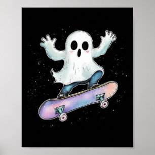 Cute Ghost On Skateboard Funny Halloween Skater  Poster