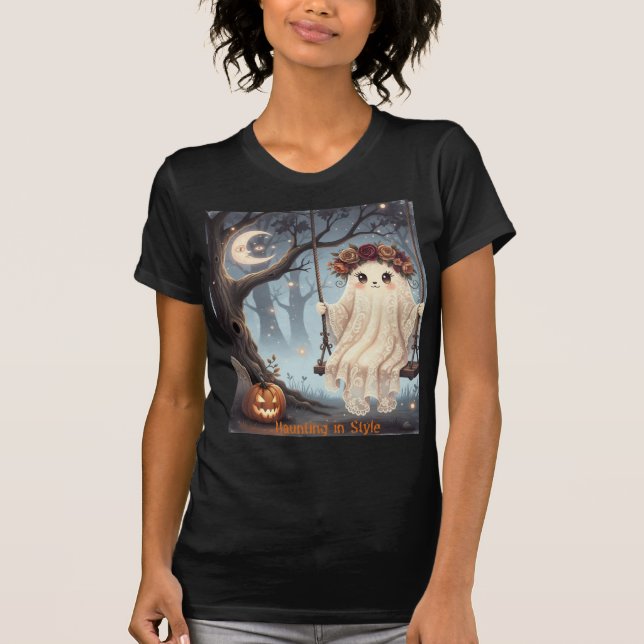 Cute Ghost on Swing Halloween  Haunting in Style T-Shirt (Front)