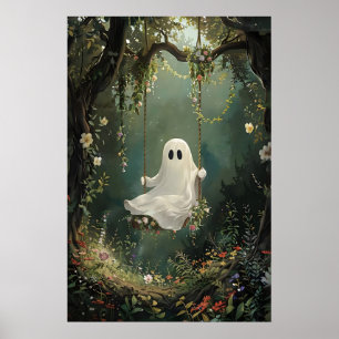 Cute ghost on swing in green flower forest print