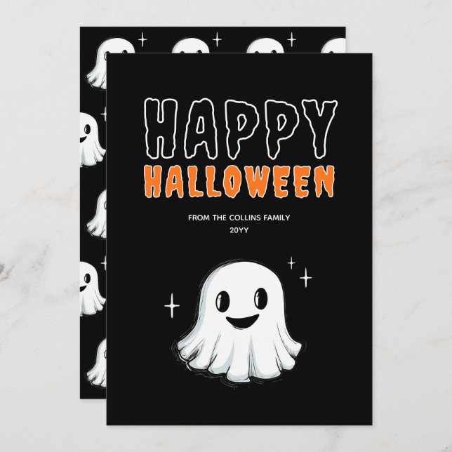 Cute Ghost Orange and Black Spooky Happy Halloween Holiday Card (Front/Back)