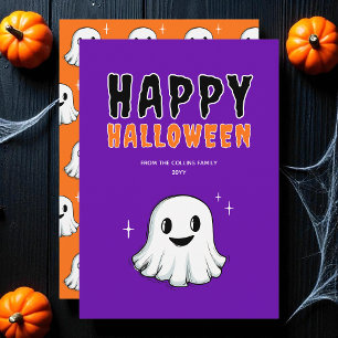 Cute Ghost Orange Purple Spooky Happy Halloween Holiday Card