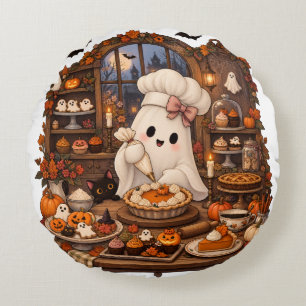 Cute Ghost Pastry Chef Halloween Haunted Bakery Round Cushion