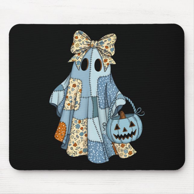 Cute Ghost Patchwork Coquette Bow Halloween Costum Mouse Pad (Front)