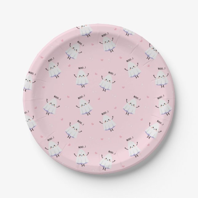 Cute Ghost Pattern on Pink Background Paper Plate (Front)