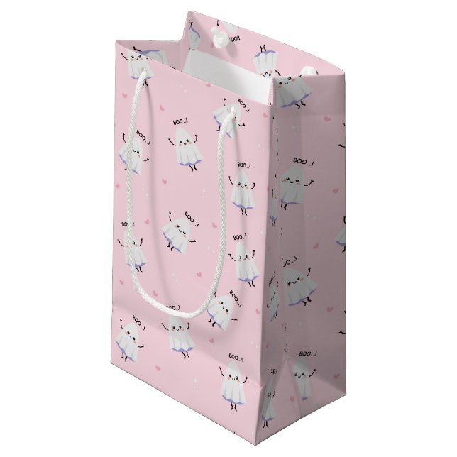 Cute Ghost Pattern on Pink Background Small Gift Bag (Front Angled)